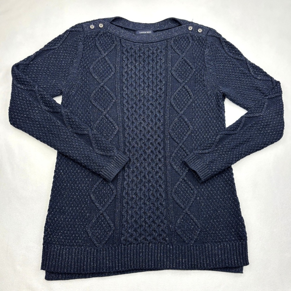 Lands End Cable Knit Sweater Womens Small Navy Blue Silver Shimmer Metallic 6-8